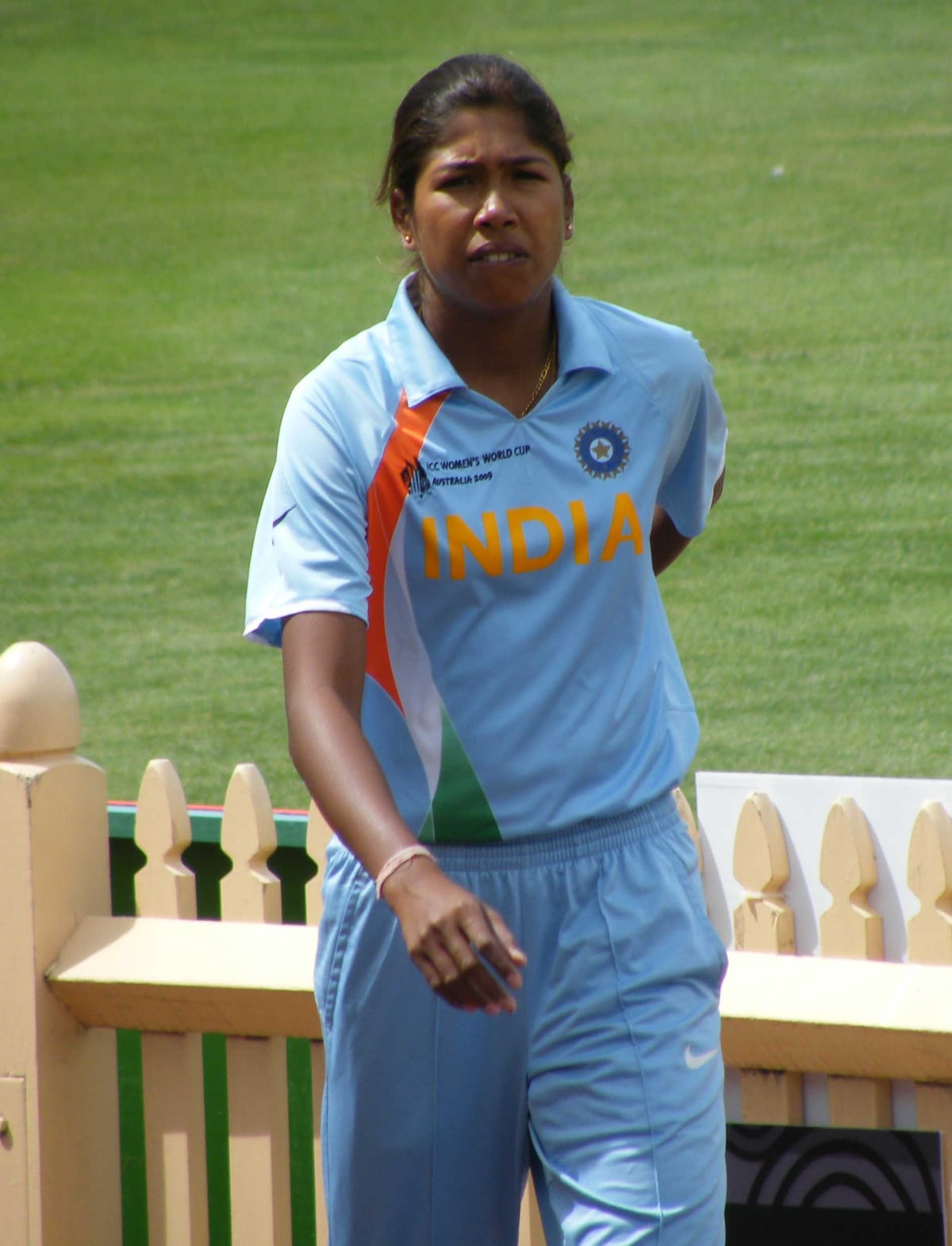 Jhulan Goswami, India women's cricket fast bowler, on the field at the 2009 World Cup